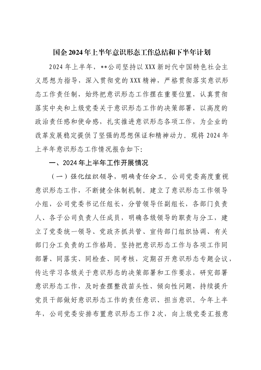 国企2024年上半年意识形态工作总结和下半年计划.docx,第1页预览