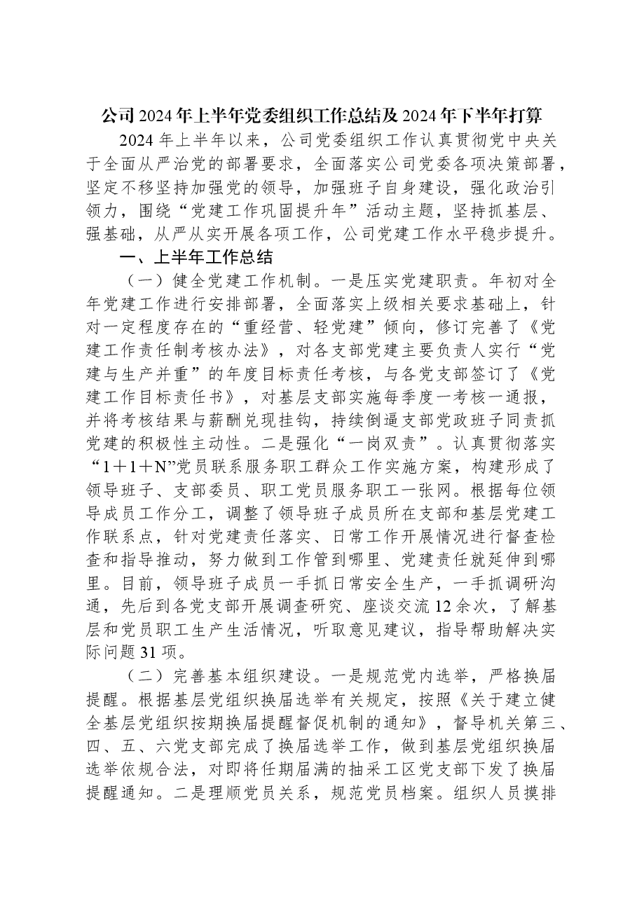 公司2024年上半年党委组织工作总结及2024年下半年打算.docx,第1页预览