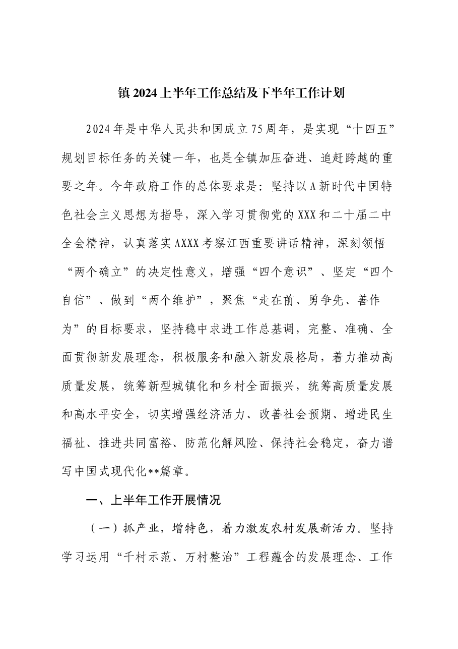 乡镇2024年上半年工作总结及下半年工作计划.docx,第1页预览