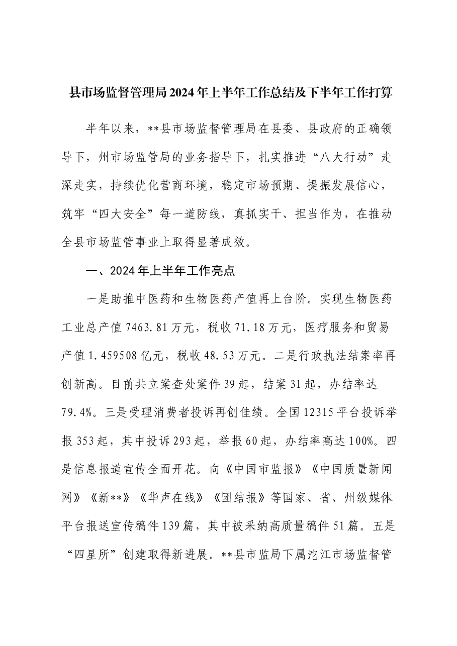 县市场监管局2024年上半年工作总结.docx，第1页预览
