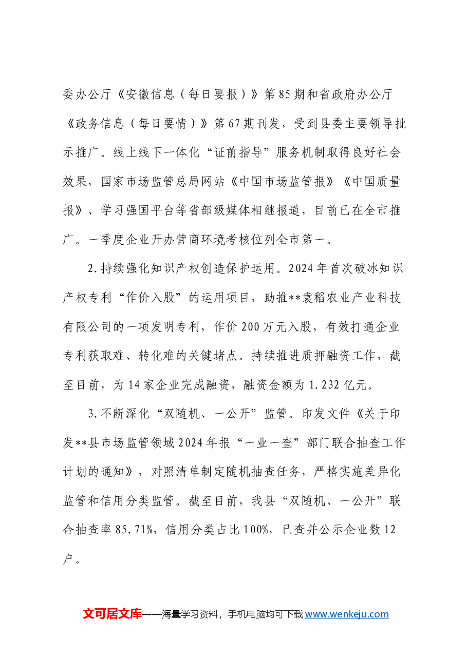 县市场监管局2024年上半年工作总结和下半年工作安排.docx，第2页预览