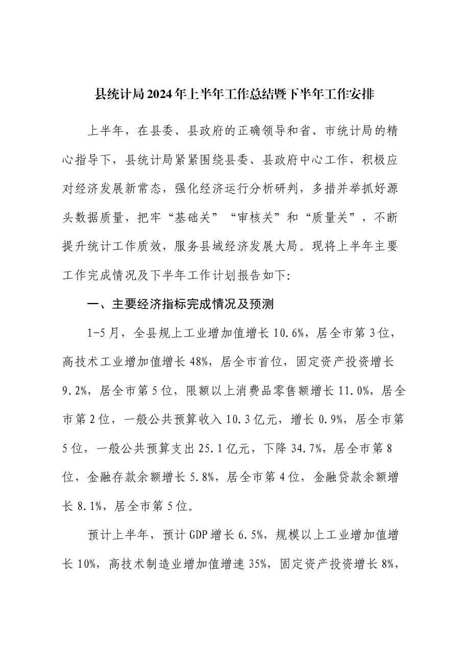 县统计局2024年上半年工作总结暨下半年工作安排.docx,第1页预览