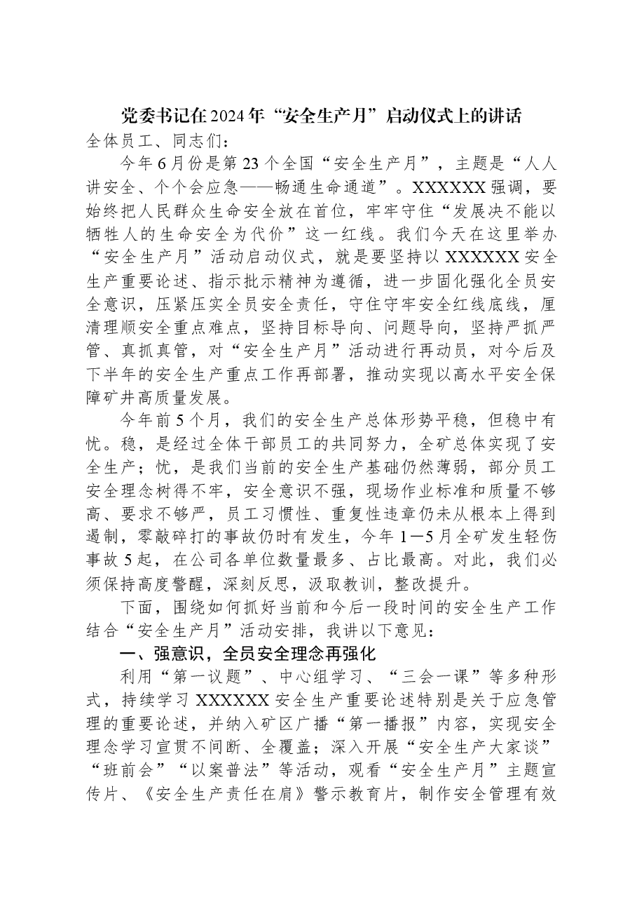 党委书记在2024年“安全生产月”启动仪式上的讲话.docx,第1页预览