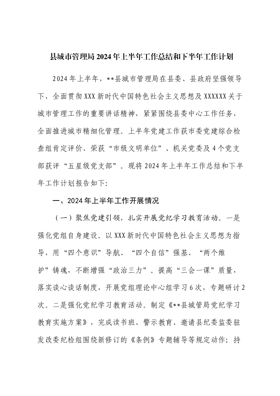 县城市管理局2024年上半年工作总结和下半年工作计划.docx,第1页预览