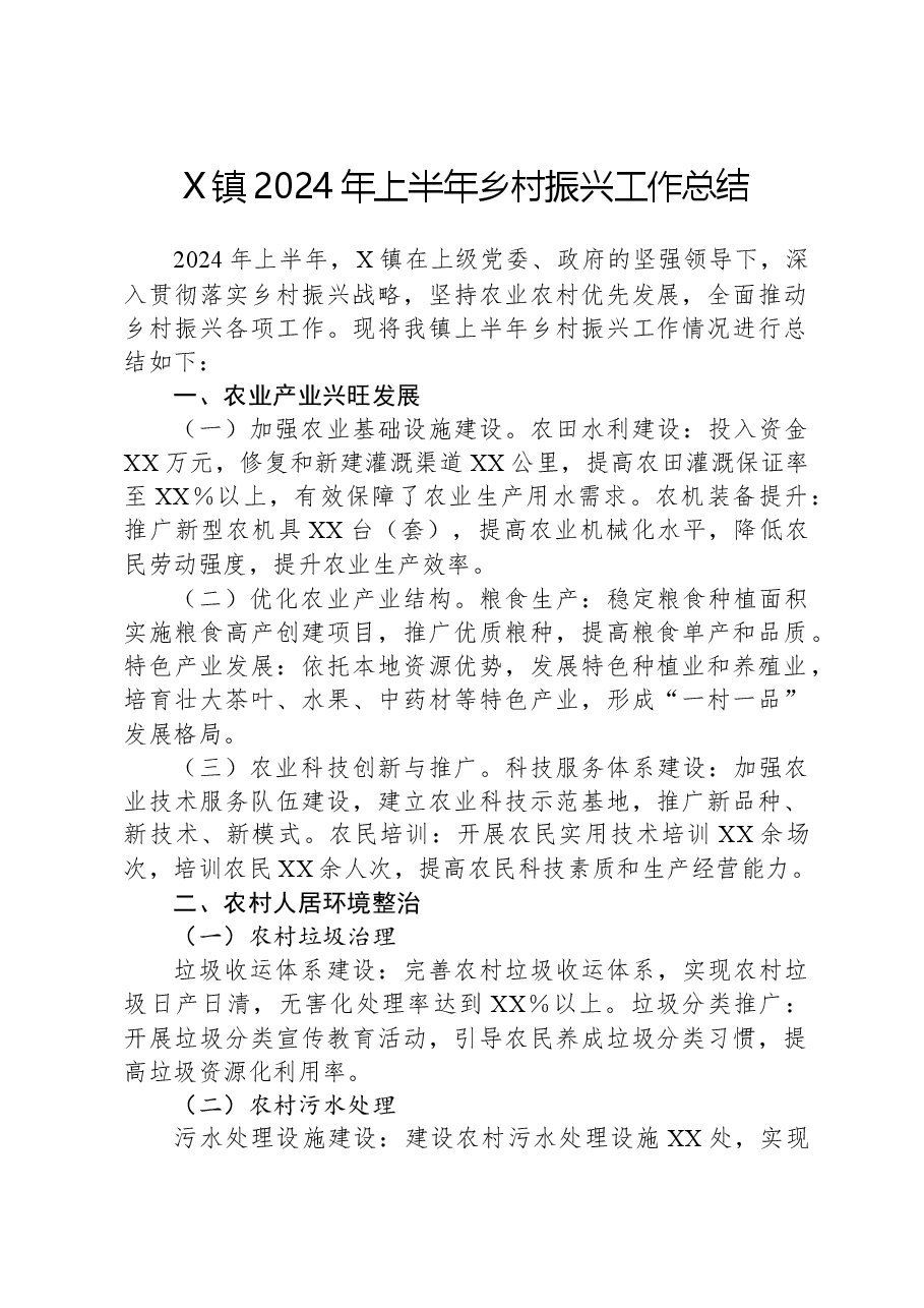 X镇2024年上半年乡村振兴工作总结.docx,第1页预览