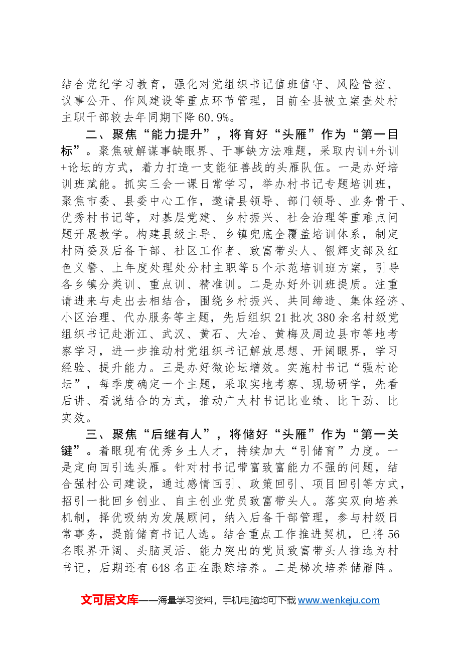 在基层党建工作会议上的交流发言:全面加强村党组织带头人队伍建设.docx,第2页预览