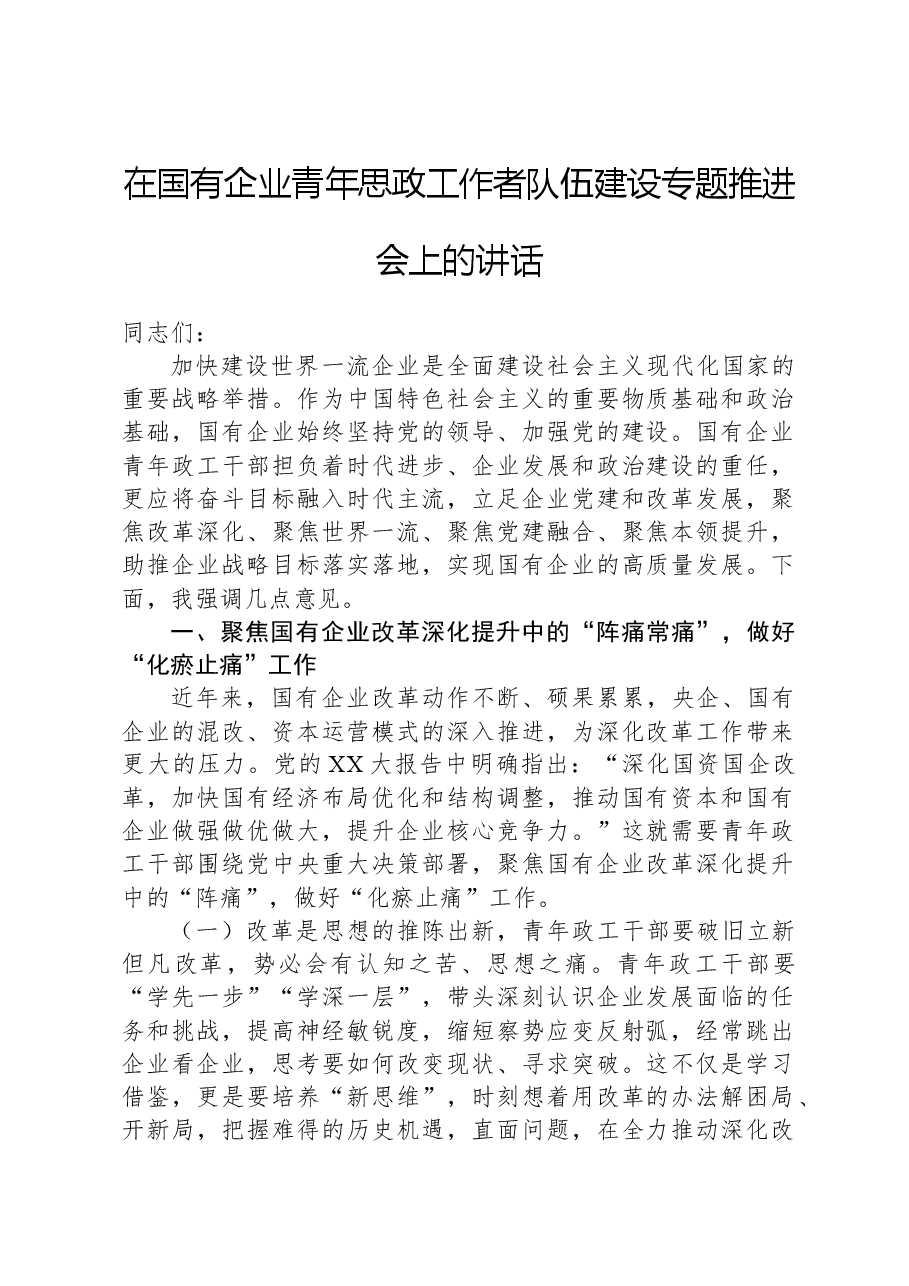 在国有企业青年思政工作者队伍建设专题推进会上的讲话.docx,第1页预览