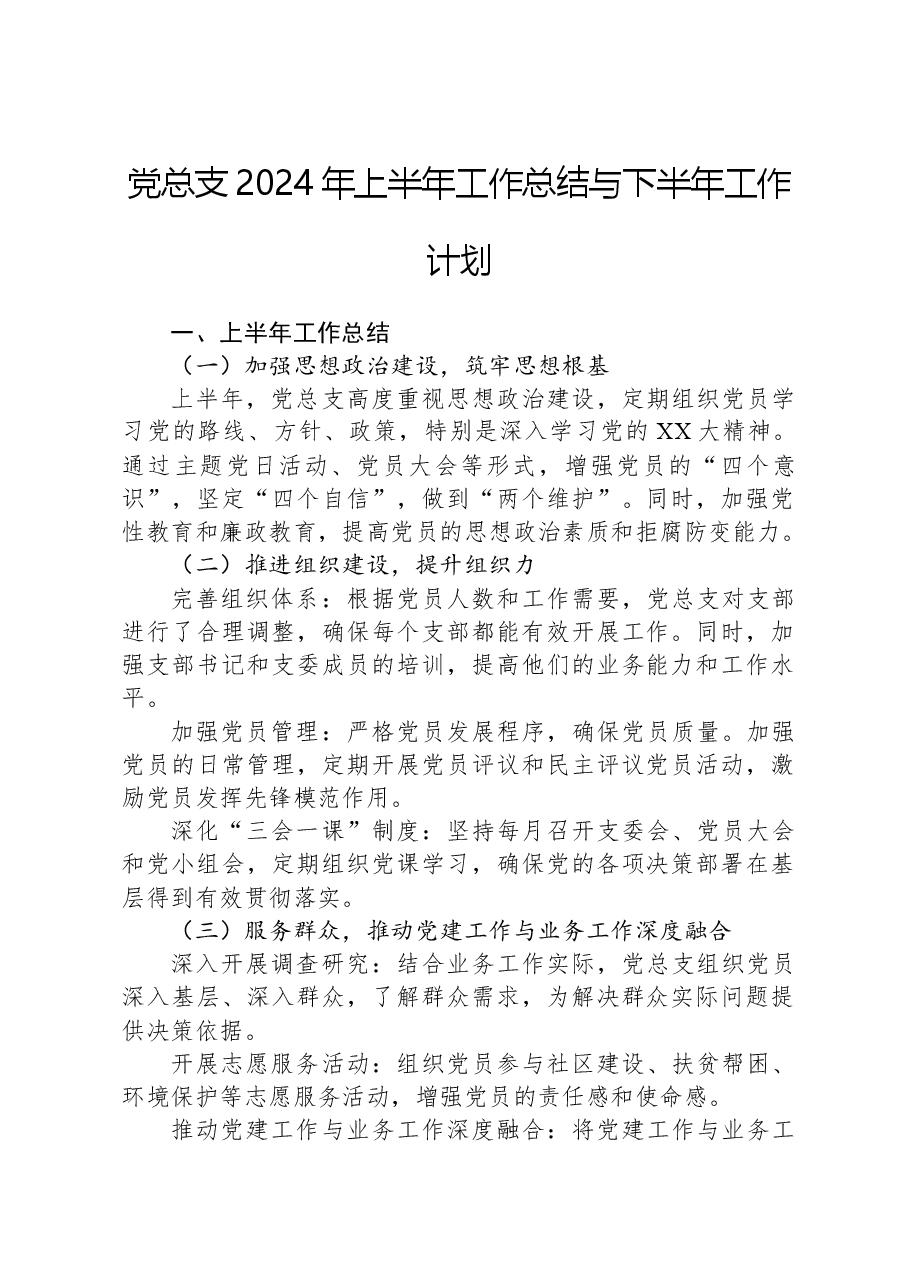 党总支2024年上半年工作总结与下半年工作计划 .docx,第1页预览