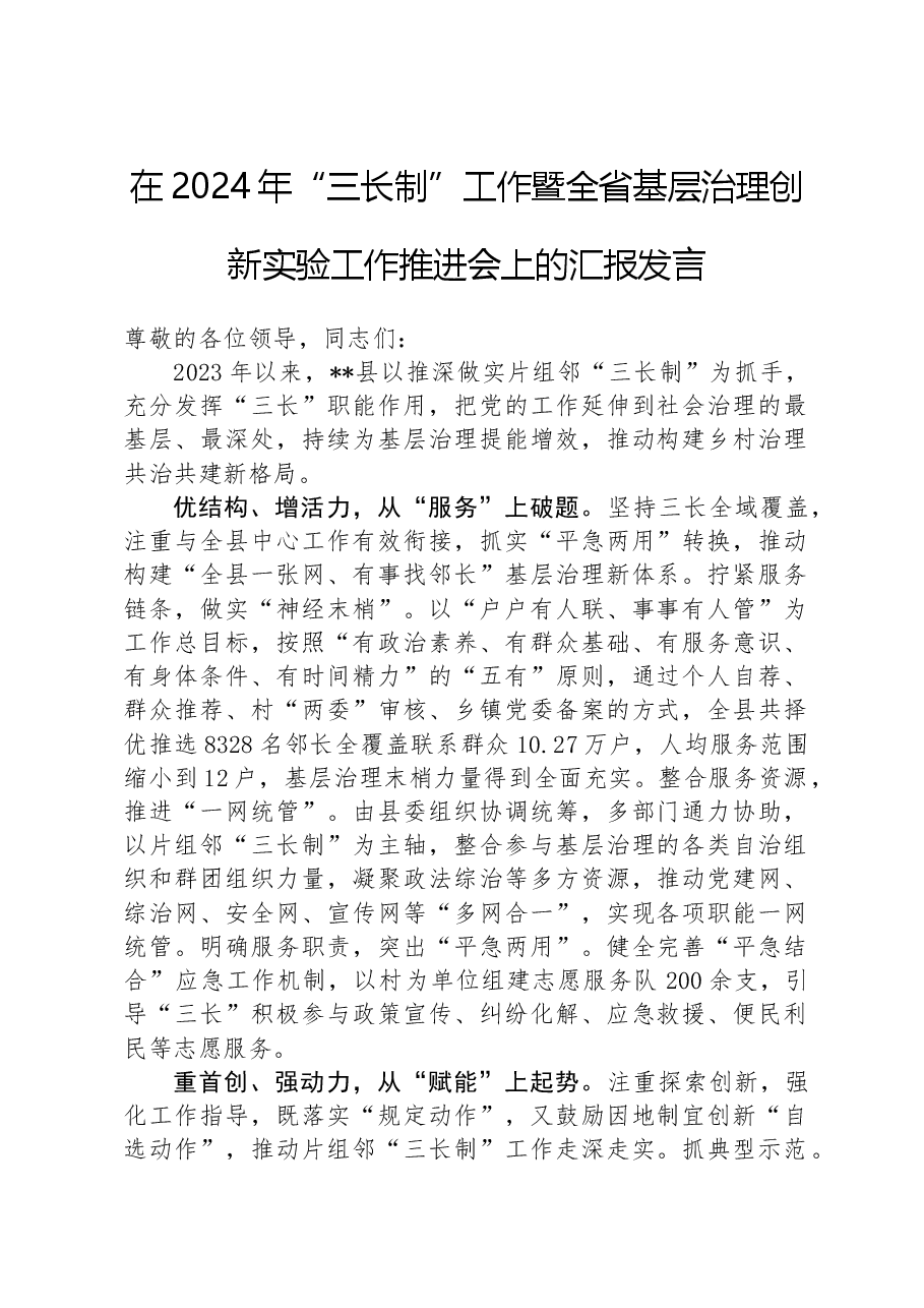 在2024年“三长制”工作暨全省基层治理创新实验工作推进会上的汇报发言.docx,第1页预览