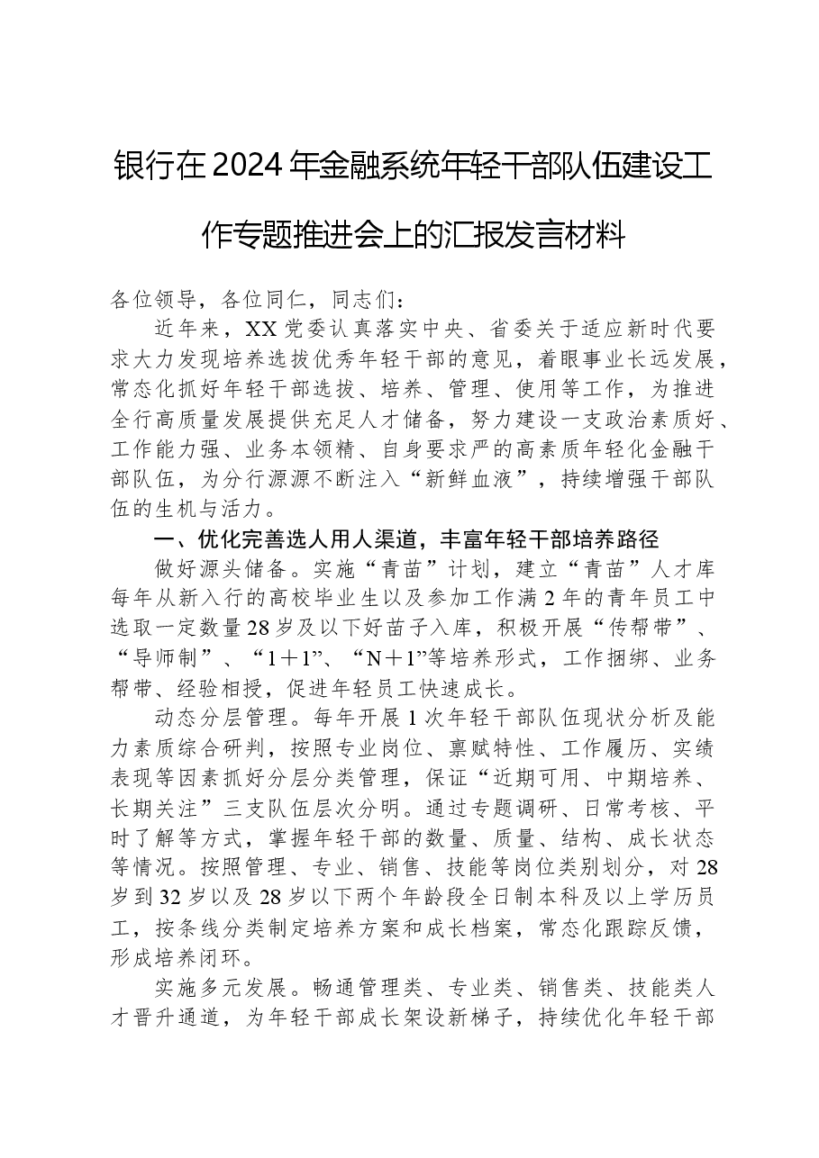 银行在2024年金融系统年轻干部队伍建设工作专题推进会上的汇报发言材料.docx,第1页预览