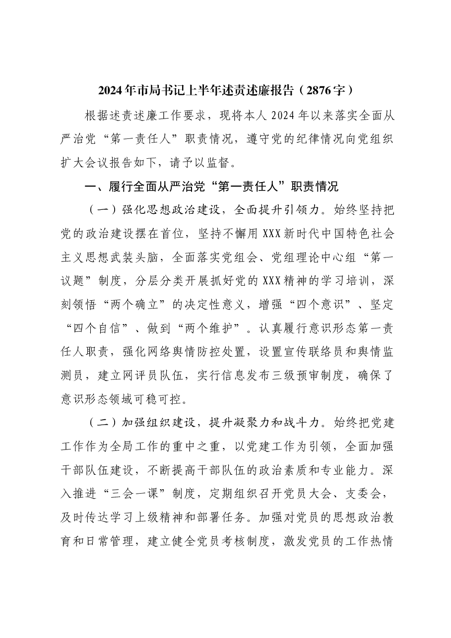 2024年市局书记上半年述责述廉报告.docx，第1页预览