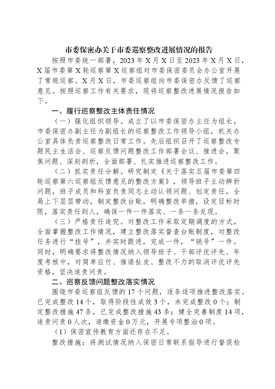 市委保密办关于市委巡察整改进展情况的报告.docx，第1页预览