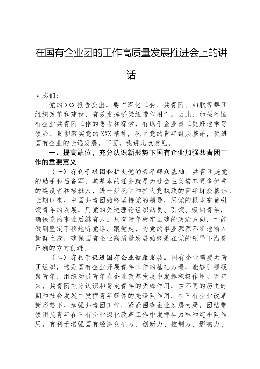 在国有企业团的工作高质量发展推进会上的讲话.docx,第1页预览