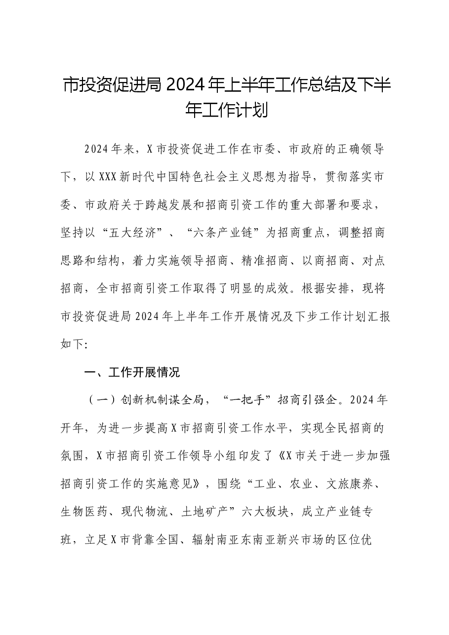 市投资促进局2024年上半年工作总结及下半年工作计划.docx,第1页预览