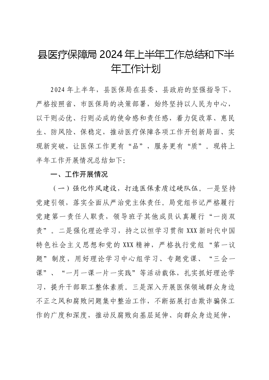 县医疗保障局2024年上半年工作总结和下半年工作计划.docx,第1页预览