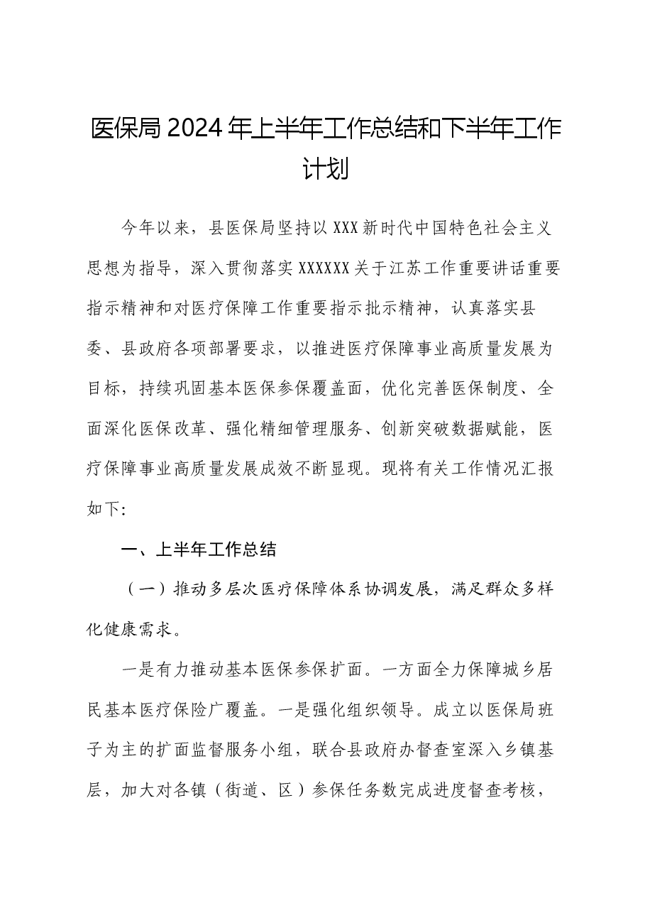 医保局2024年上半年工作总结和下半年工作计划.docx,第1页预览