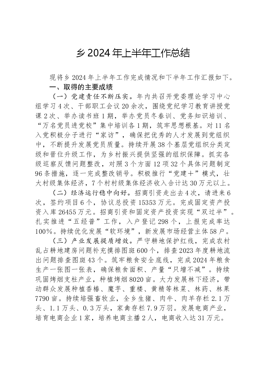 乡2024年上半年工作总结.docx,第1页预览