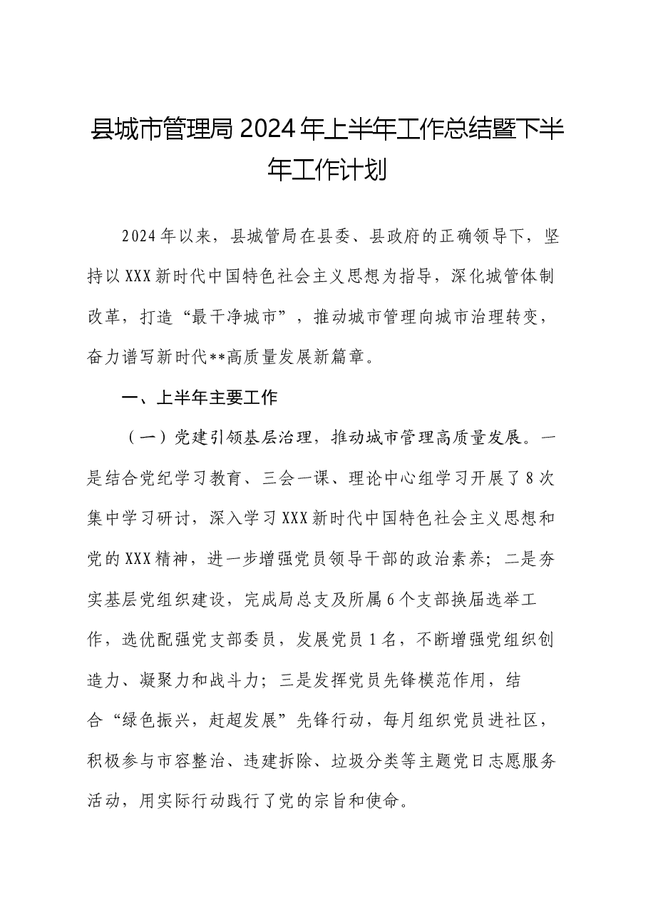 县城市管理局2024年上半年工作总结暨下半年工作计划.docx,第1页预览