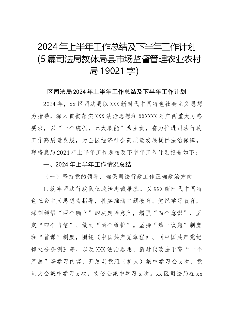 （5篇）2024年上半年工作总结及下半年工作计划（司法局教体局县市场监督管理农业农村局）.docx，第1页预览