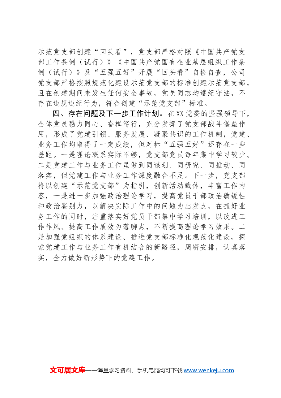 公司党支部关于开展红旗党支部、规范化建设示范党支部创建“回头看”工作自评的报告.docx，第4页预览