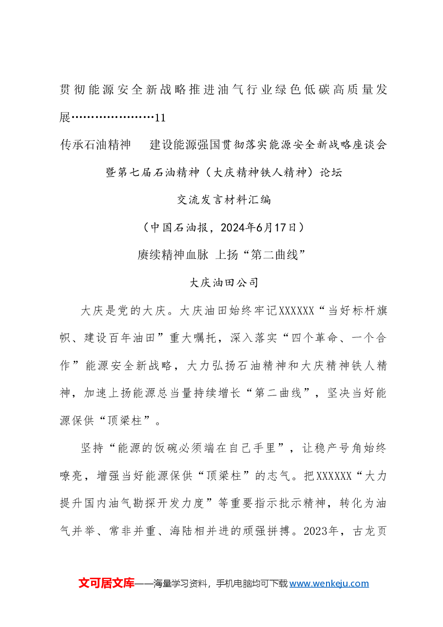 （6篇）贯彻落实能源安全新战略座谈会暨第七届石油精神（大庆精神铁人精神） 论坛交流发言材料汇编.doc，第2页预览