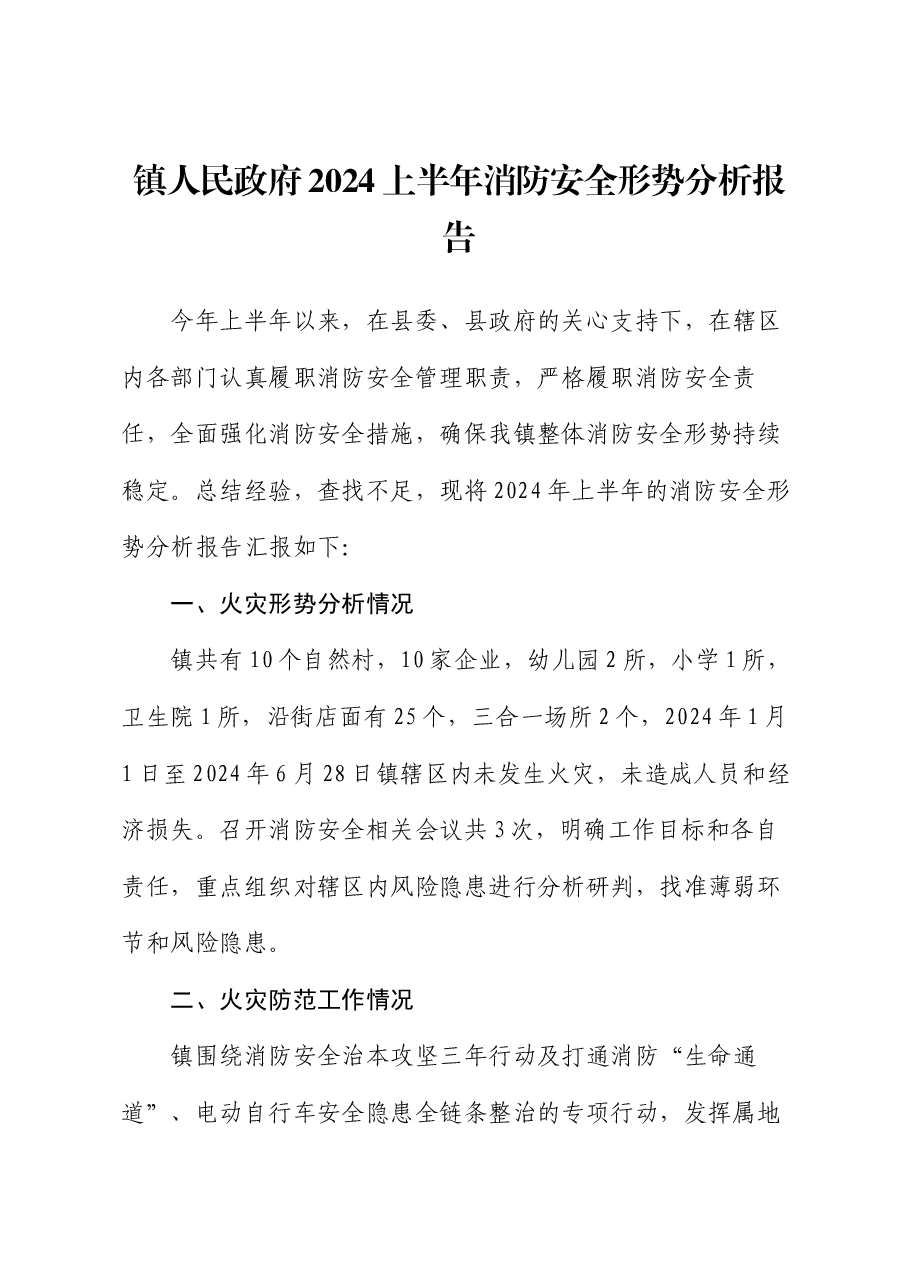 镇人民政府2024上半年消防安全形势分析报告.docx,第1页预览