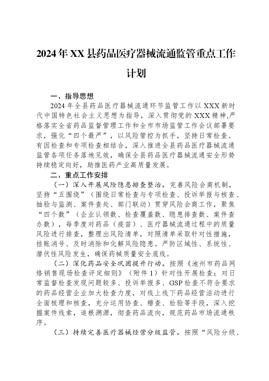 2024年XX县药品医疗器械流通监管重点工作计划.docx,第1页预览