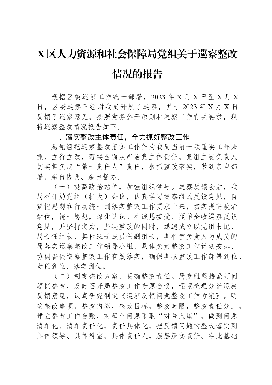 X区人力资源和社会保障局党组关于巡察整改情况的报告.docx,第1页预览