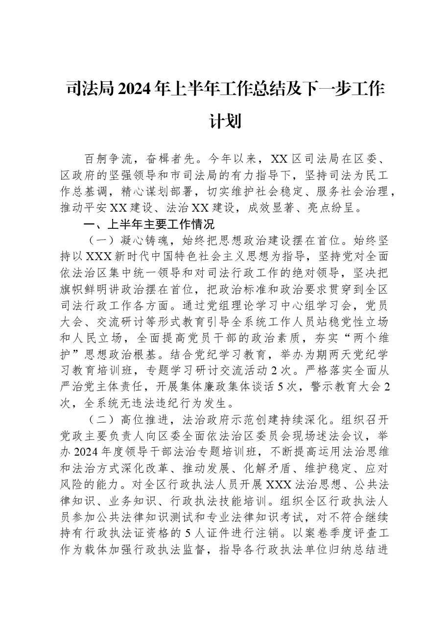 司法局2024年上半年工作总结及下一步工作计划.docx,第1页预览