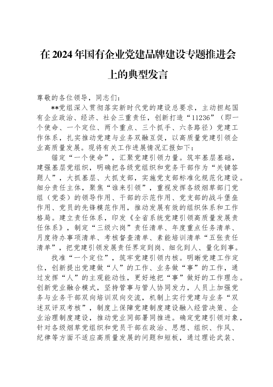 在2024年国有企业党建品牌建设专题推进会上的典型发言.docx,第1页预览