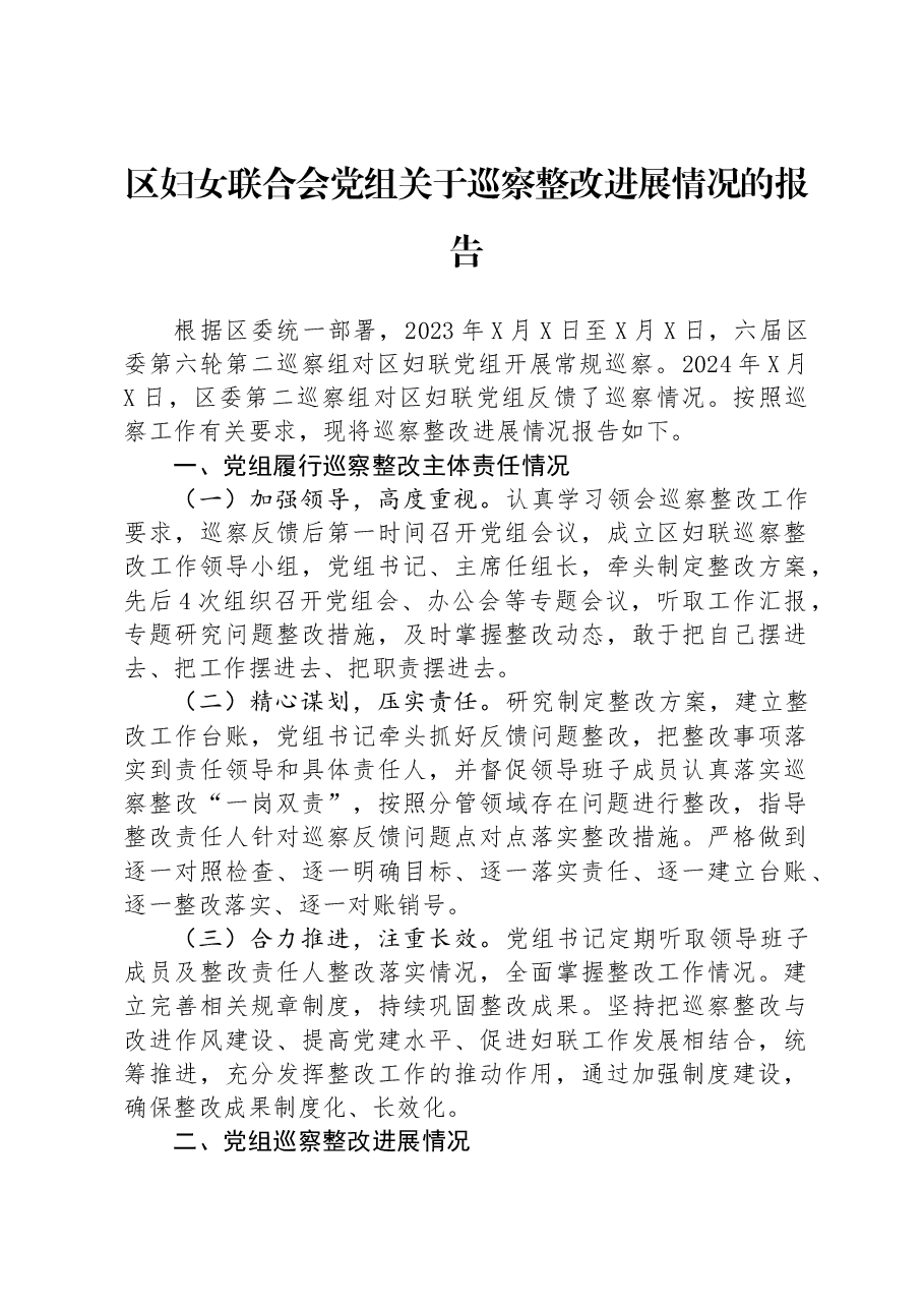区妇女联合会党组关于巡察整改进展情况的报告.docx,第1页预览