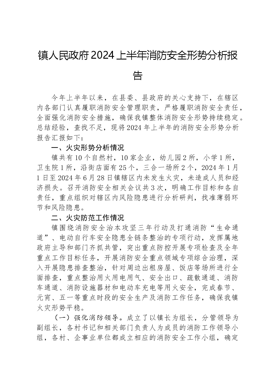 镇人民政府2024上半年消防安全形势分析报告.docx，第1页预览