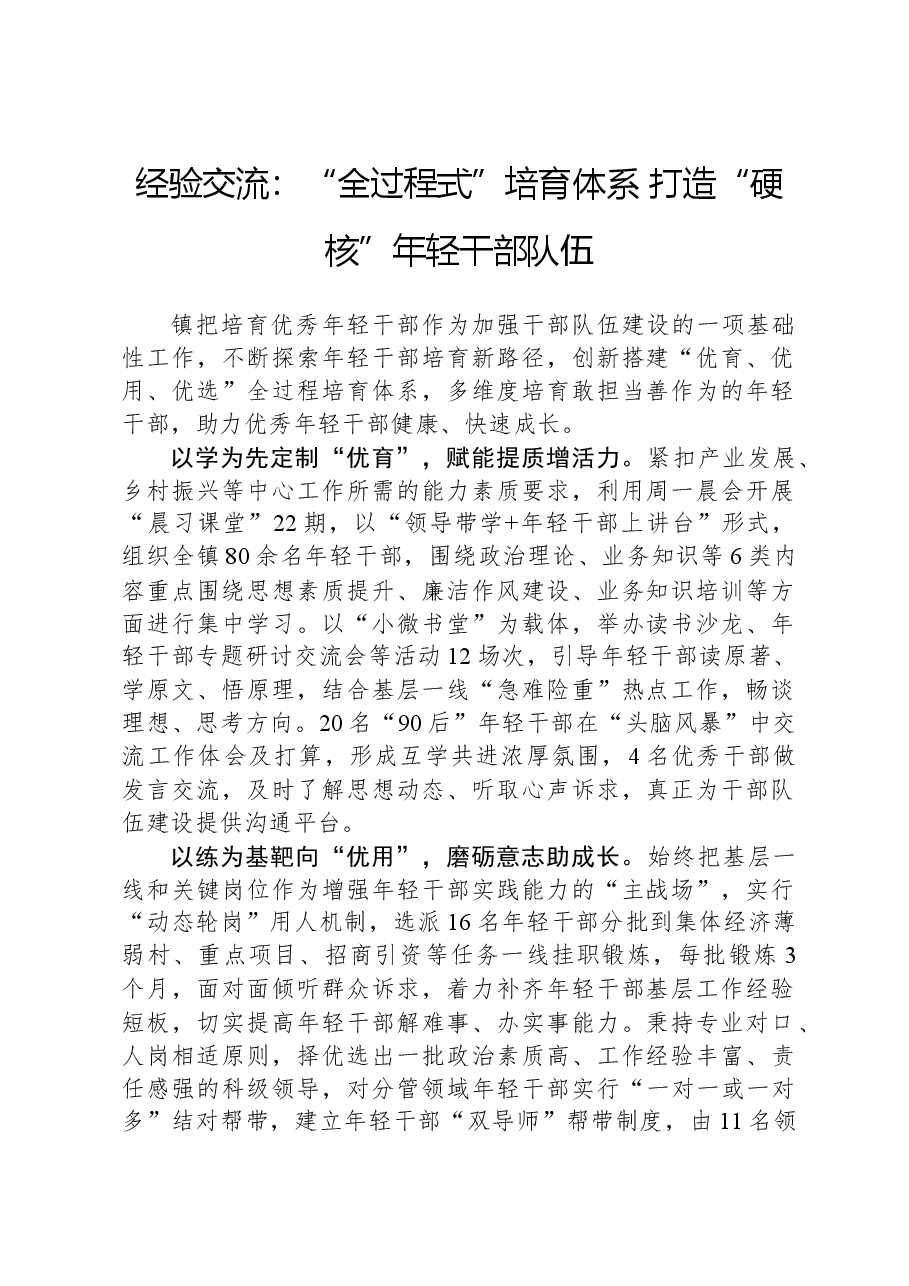 经验交流:“全过程式”培育体系+打造“硬核”年轻干部队伍.docx,第1页预览