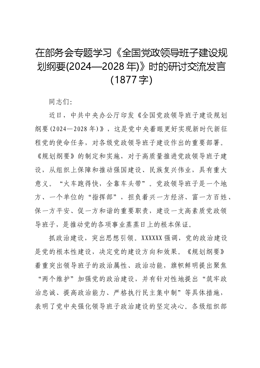 组织部《全国党政领导班子建设规划纲要(2024—2028年)》时的研讨交流发言.docx,第1页预览