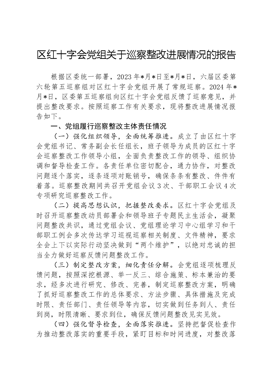 区红十字会党组关于巡察整改进展情况的报告.docx,第1页预览
