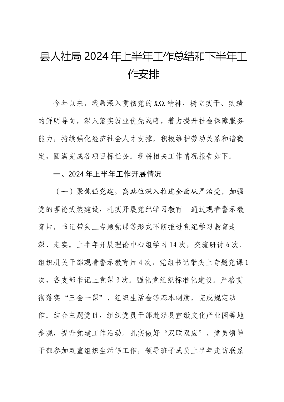 县人社局2024年上半年工作总结和下半年工作安排.docx,第1页预览
