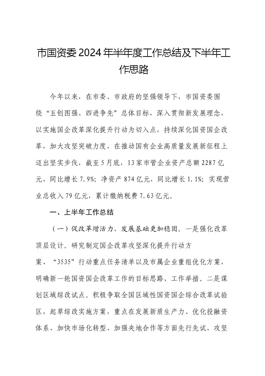 市国资委2024年半年度工作总结及下半年工作思路.docx，第1页预览