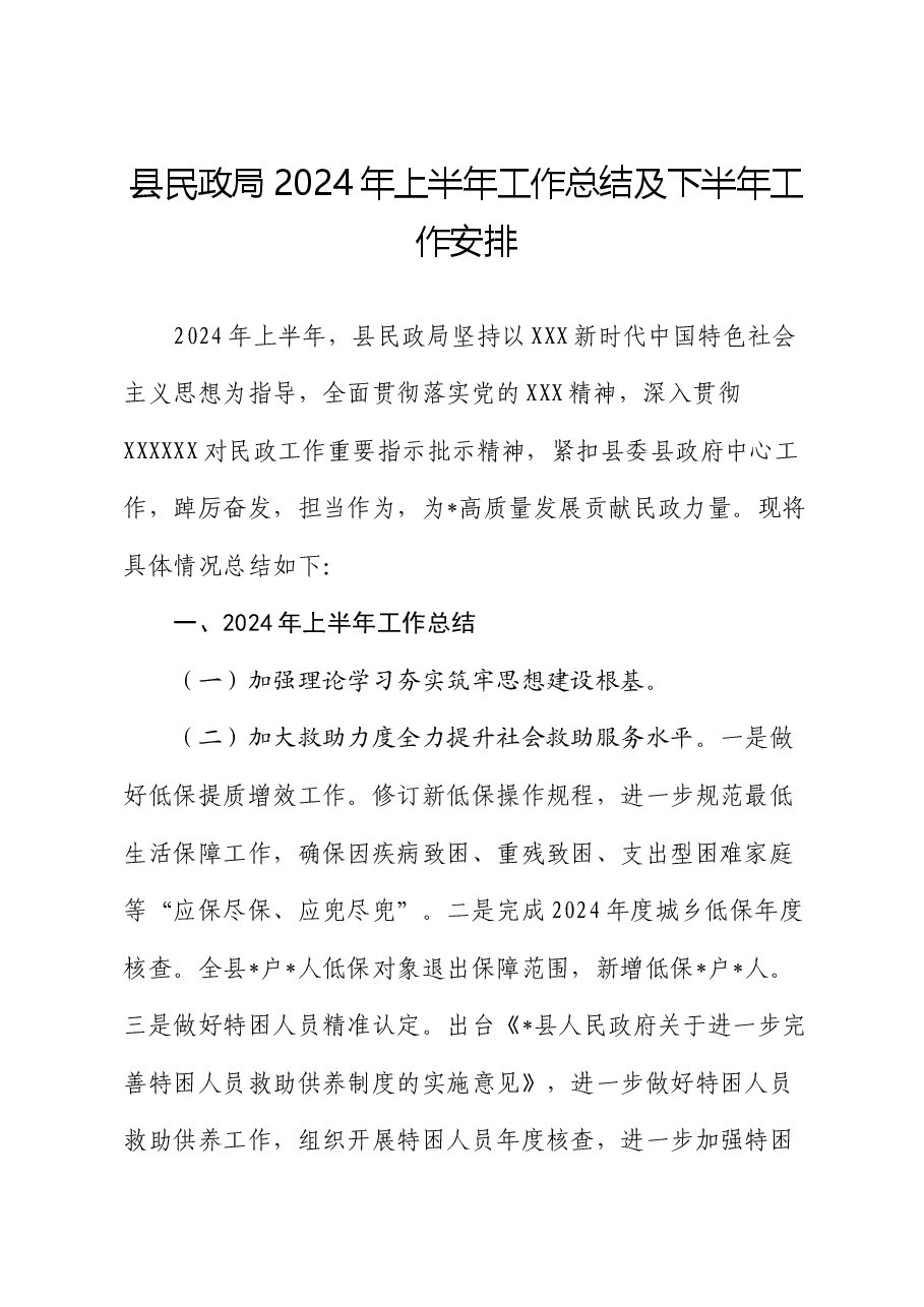 县民政局2024年上半年工作总结及下半年工作安排.docx,第1页预览