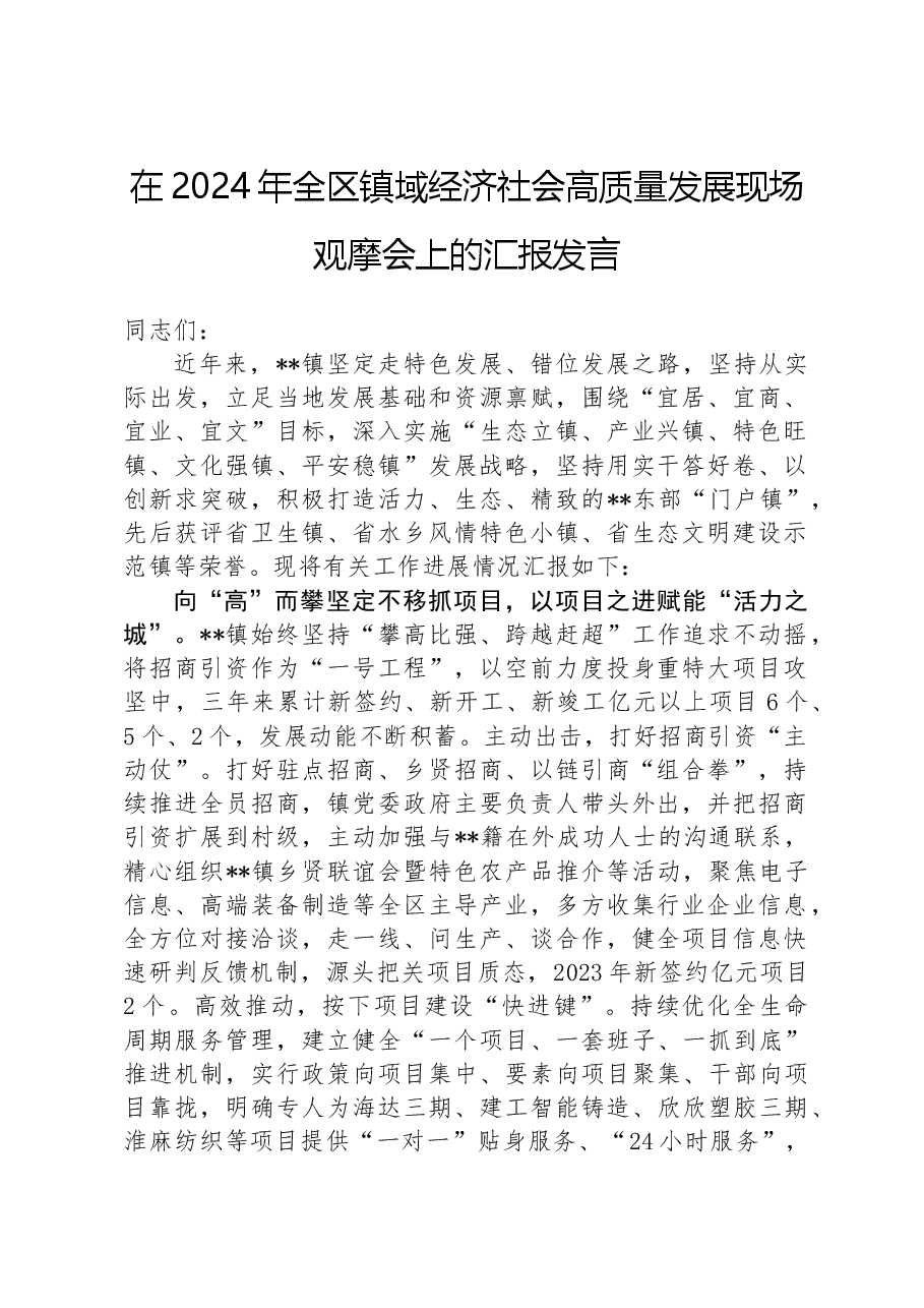 在2024年全区镇域经济社会高质量发展现场观摩会上的汇报发言.docx,第1页预览
