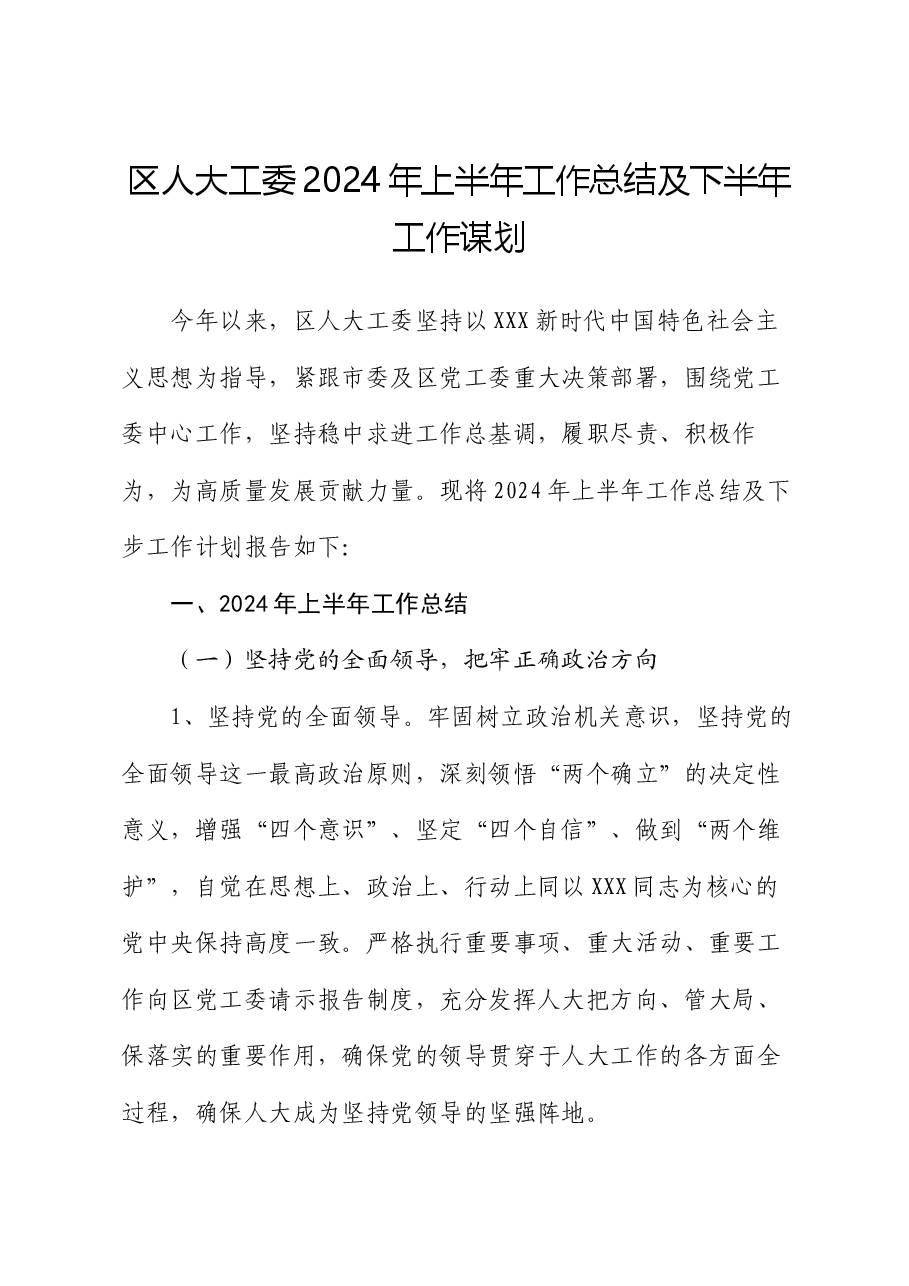 区人大工委2024年上半年工作总结及下半年工作谋划.docx，第1页预览