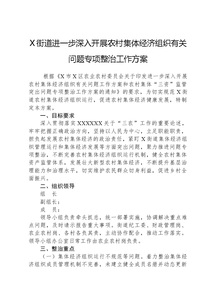 X街道进一步深入开展农村集体经济组织有关问题专项整治工作方案.docx,第1页预览