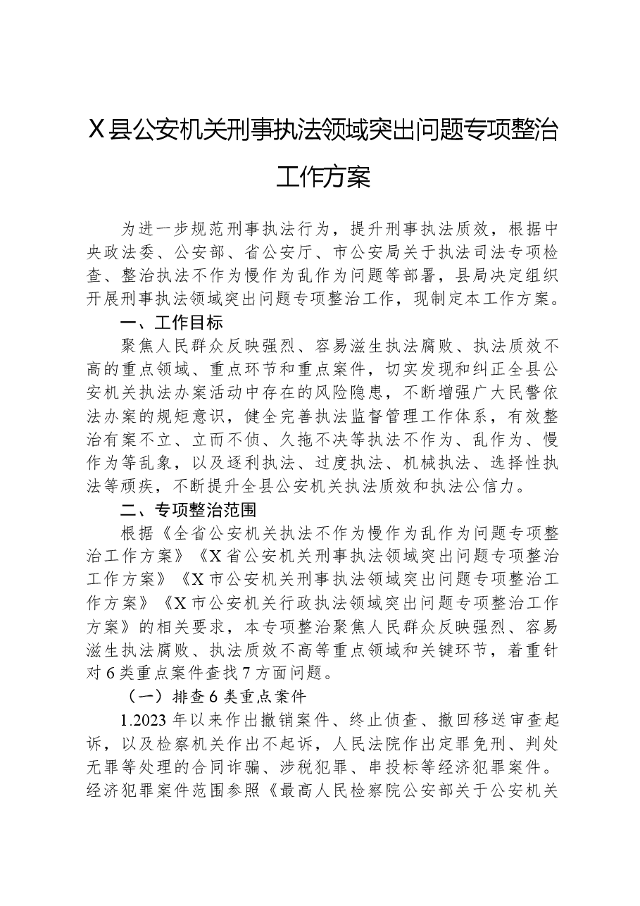 X县公安机关刑事执法领域突出问题专项整治工作方案.docx，第1页预览