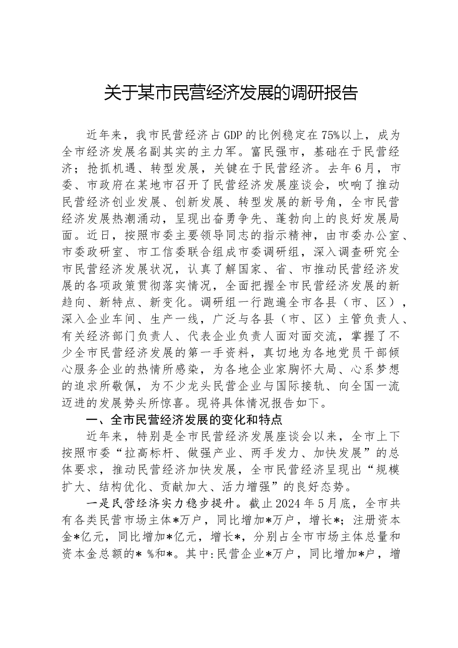 关于某市民营经济发展的调研报告.docx,第1页预览