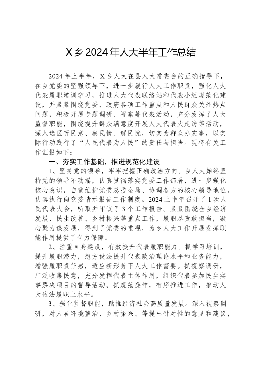 X乡2024年人大半年工作总结.docx,第1页预览