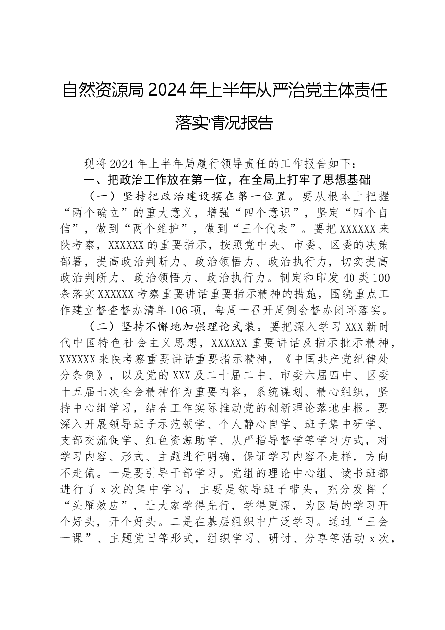 自然资源局2024年上半年从严治党主体责任落实情况报告.docx，第1页预览