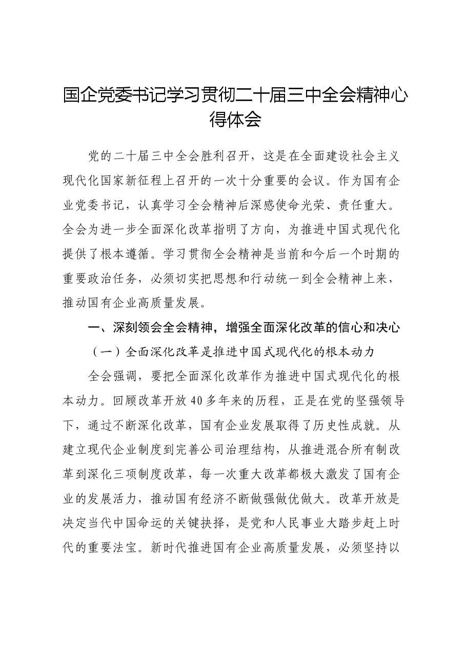 国企党委书记学习贯彻二十届三中全会精神心得体会.docx，第1页预览