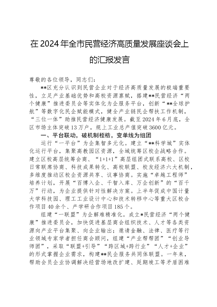 在2024年全市民营经济高质量发展座谈会上的汇报发言.docx，第1页预览