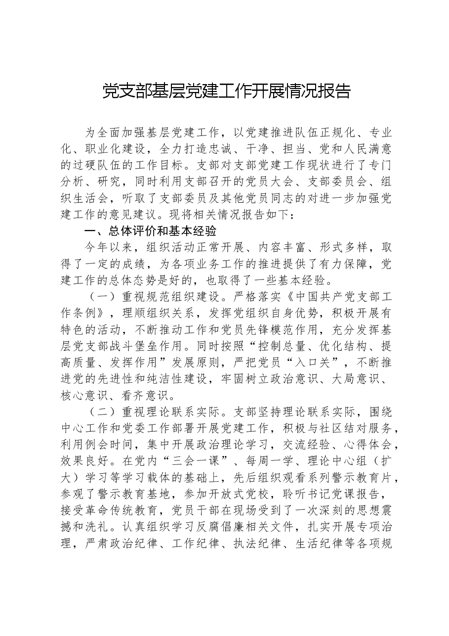 党支部基层党建工作开展情况报告.docx,第1页预览