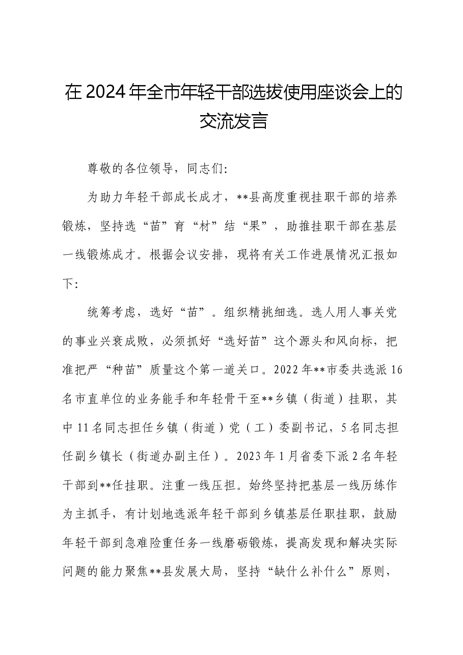 在2024年全市年轻干部选拔使用座谈会上的交流发言.docx,第1页预览