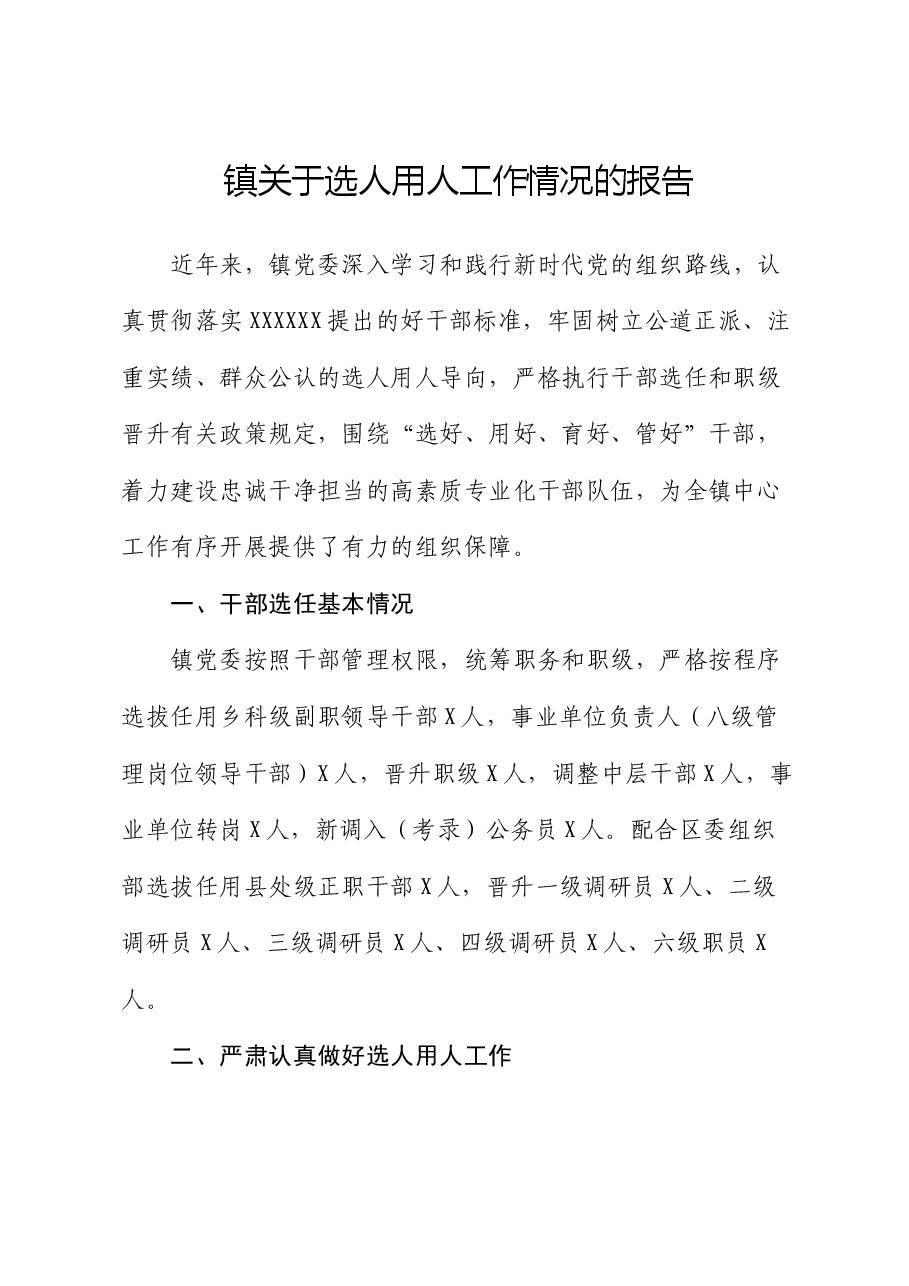 镇关于选人用人工作情况的报告.docx,第1页预览